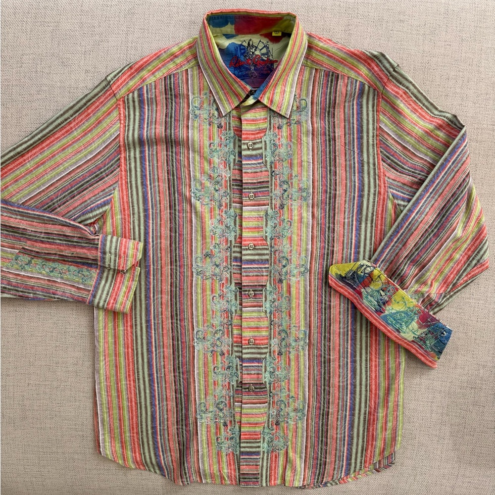 Men's Multicolor Striped Button-Up Shirt with Embroidery